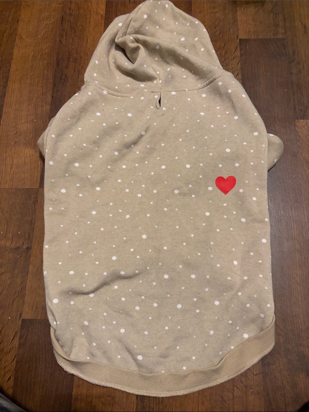 Dog Beige Polka Dot Hoodie with Red Heart Accent